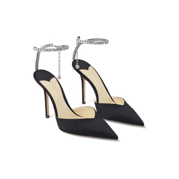 Elegant Pointed Toe Crystal Strap Faux Silk Block Heels